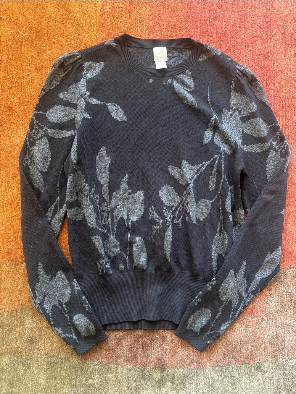 H&M Black Crewneck Sweater with Pewter Floral Jacquard - Sz S